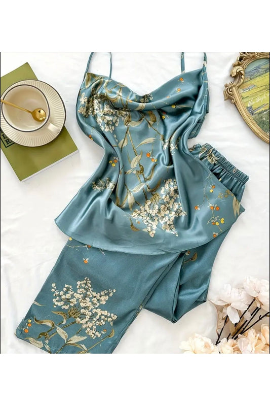 Ley Degaje Yaka Saten Pijama Takımı 2li