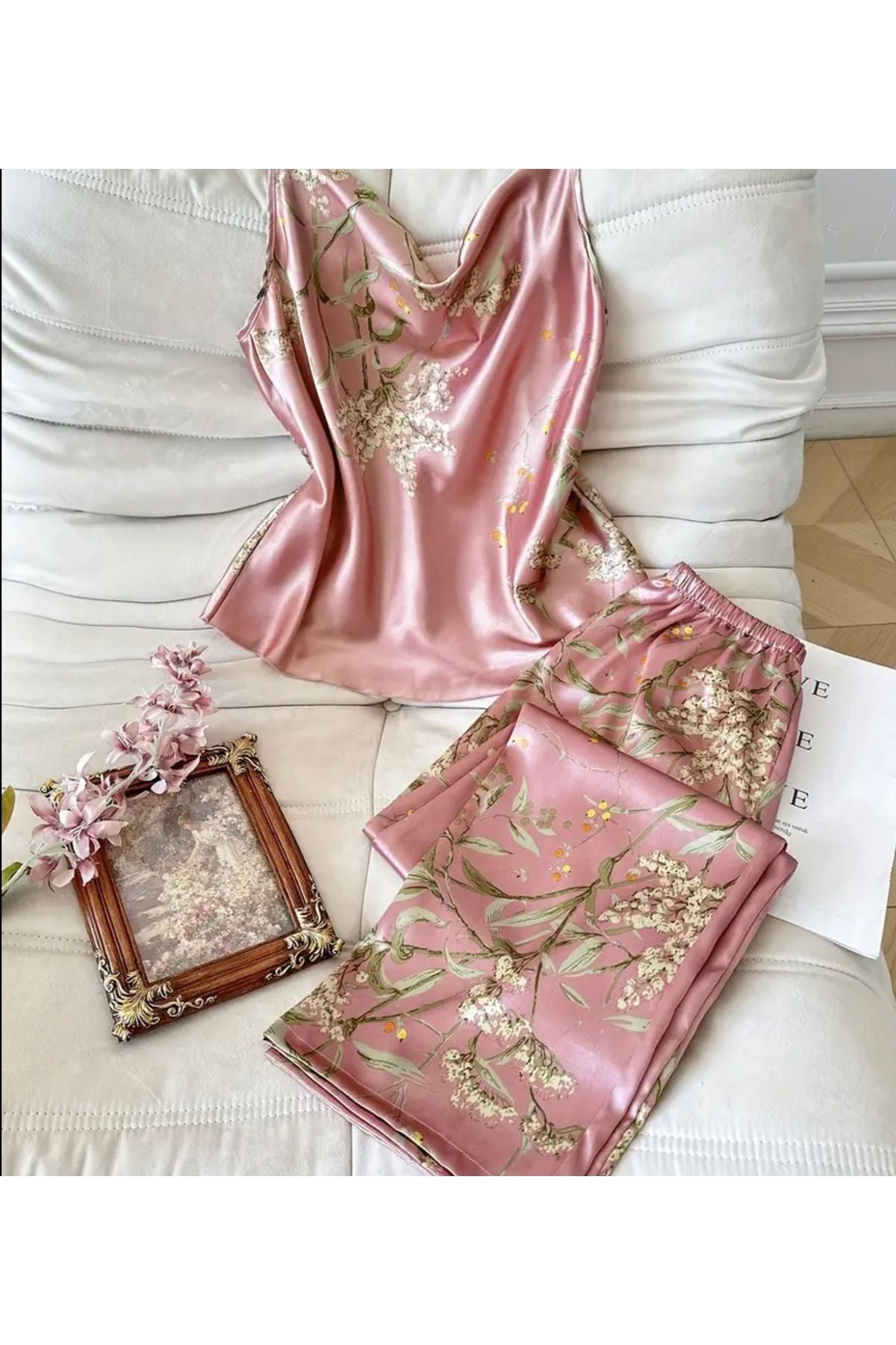 Ley Degaje Yaka Saten Pijama Takımı 2li