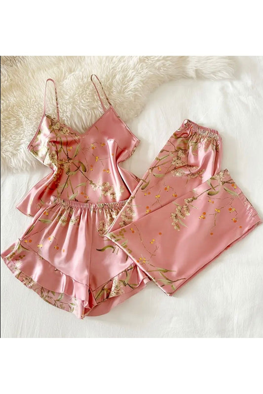 Ley Degaje Yaka Saten Pijama Takımı 3 lü takım