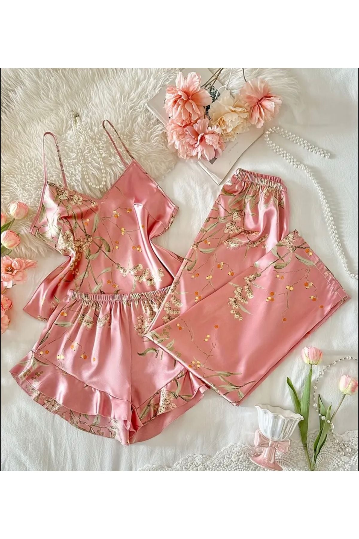 Ley Degaje Yaka Saten Pijama Takımı 3 lü takım